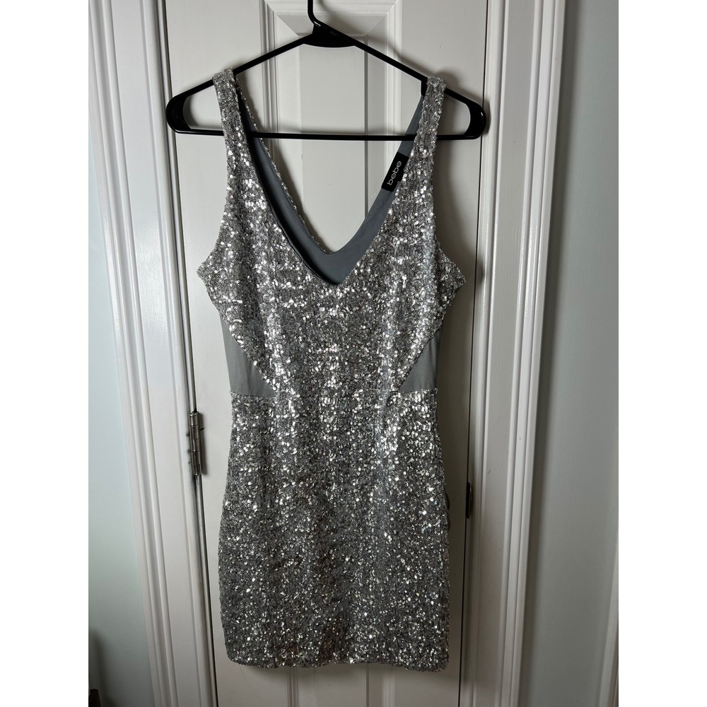 Bebe Silver Sequin Bodycon Mini Dress V-Neck Mesh Side Panels Size S